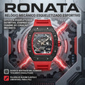 Relógio Ronata Mecânico Esqueleto Fibra de Carbono Pulseira Silicone Vermelho Ponteiros Luminosos