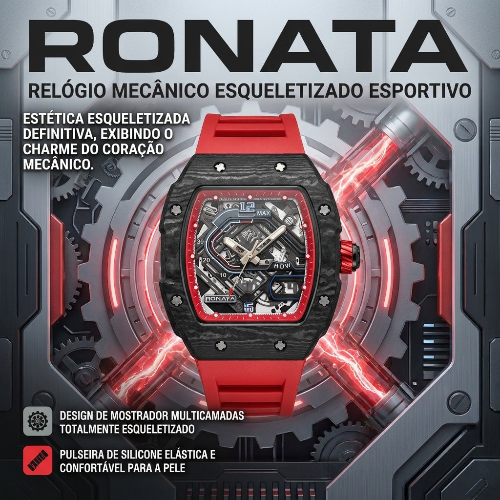 Relógio Ronata Mecânico Esqueleto Fibra de Carbono Pulseira Silicone Vermelho Ponteiros Luminosos