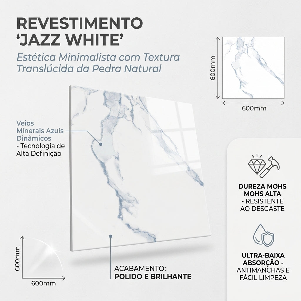 【Entrega gratuita até casa em Soyo】Porcelanato CA66028 Jazz White 600x600mm Veios Azul Cinza HD Inkjet Polido Brilhante
