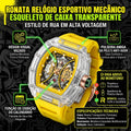 Relógio Mecânico Esqueleto Ronata Caixa Transparente Tonneau Pulseira Amarela Fluoroelastômero