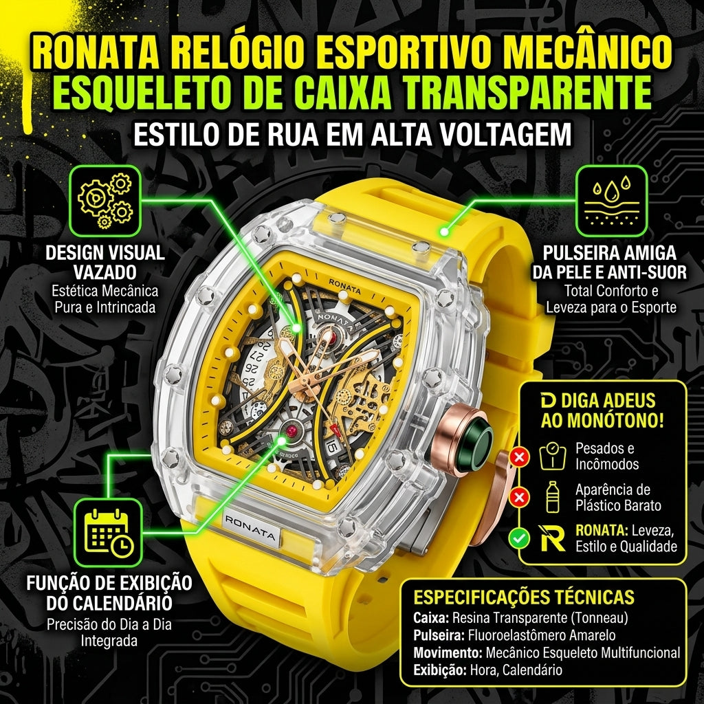 Relógio Mecânico Esqueleto Ronata Caixa Transparente Tonneau Pulseira Amarela Fluoroelastômero