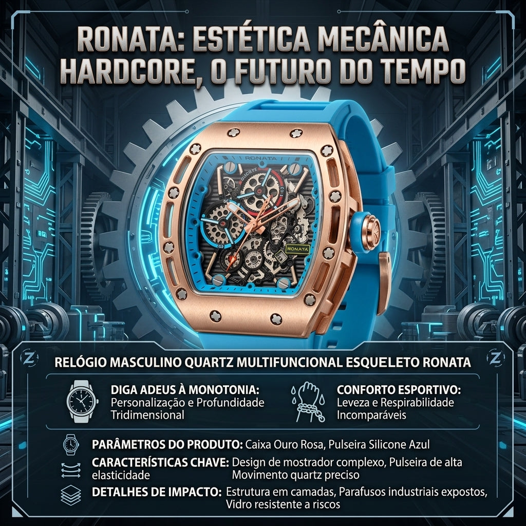 Relógio Ronata Quartzo Esqueleto Multifuncional Caixa Ouro Rosa Pulseira Silicone Azul