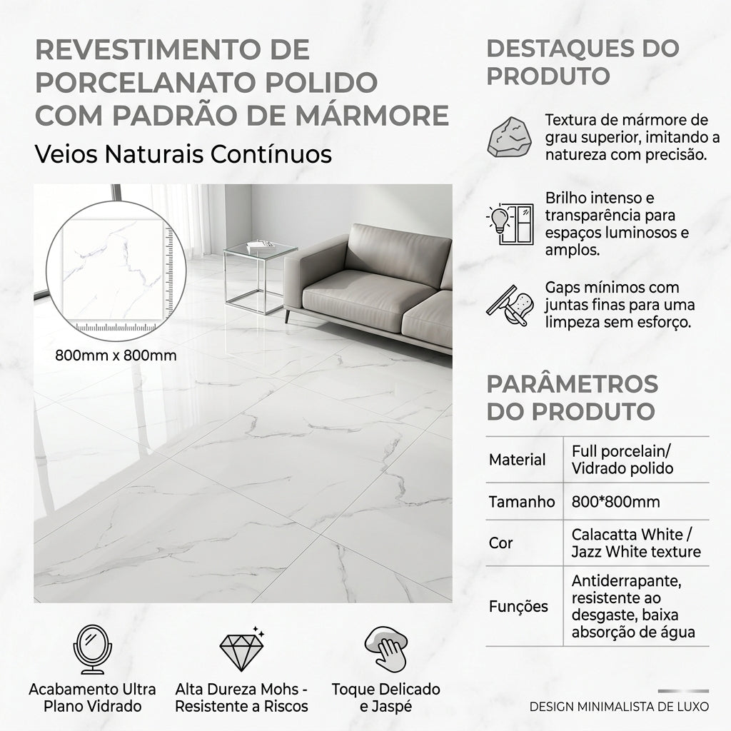 【Entrega gratuita até casa em Soyo】Porcelanato Calacatta White 800x800mm Polido Integral Veios Cinza Naturais Anti-derrapante