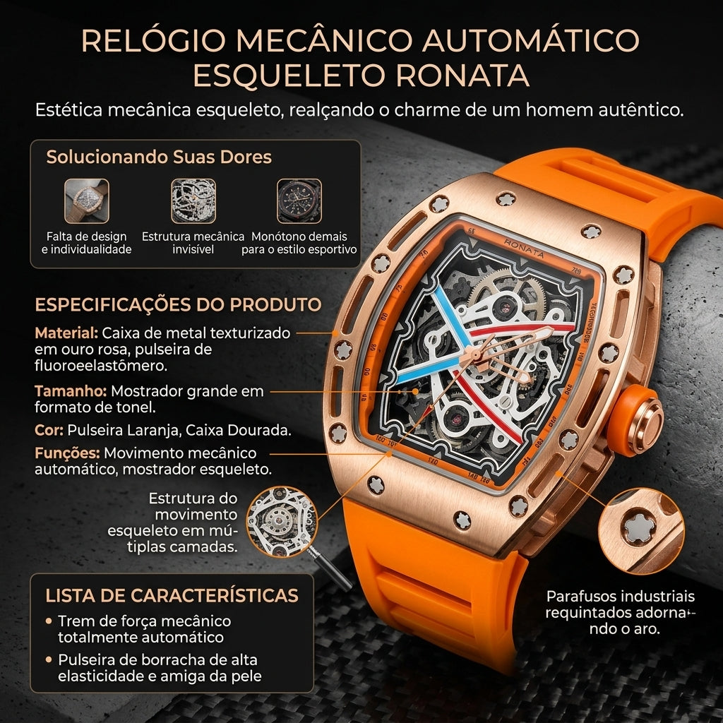 Relógio Mecânico Automático Esqueleto Ronata Caixa Ouro Rosa Pulseira Fluoroelastômero Laranja