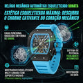 Relógio Mecânico Automático Ronata Esqueleto Caixa Barril Pulseira Silicone Azul