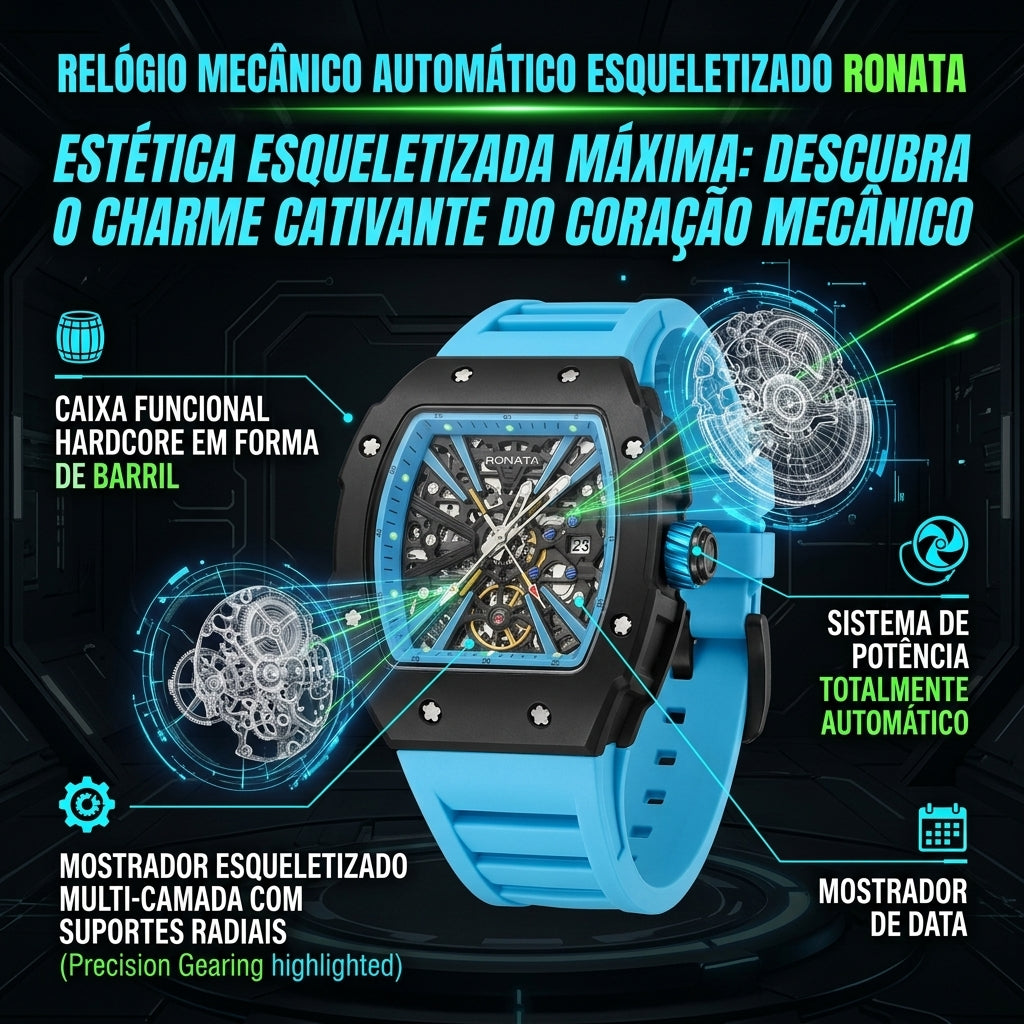 Relógio Mecânico Automático Ronata Esqueleto Caixa Barril Pulseira Silicone Azul