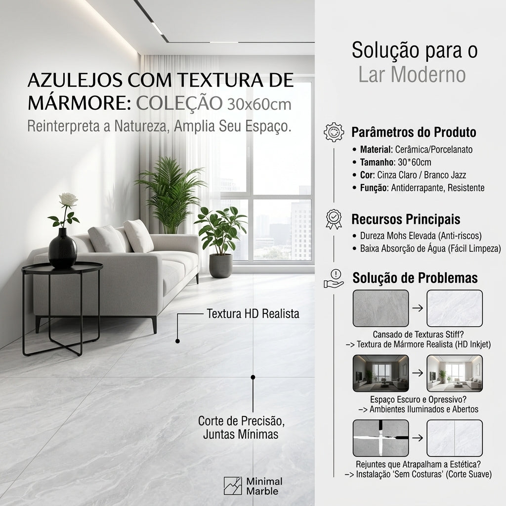 【Entrega gratuita até casa em Soyo】Azulejo Mármore HD 30x60cm Cinza Claro Jazz White Cerâmica Porcelana Antiderrapante