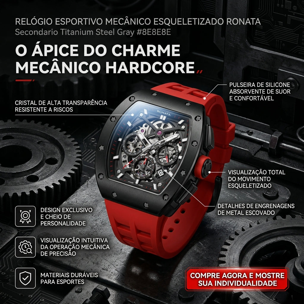 Relógio Mecânico Esqueleto Ronata Caixa Cinza Titânio Pulseira Silicone Vermelho Cronógrafo