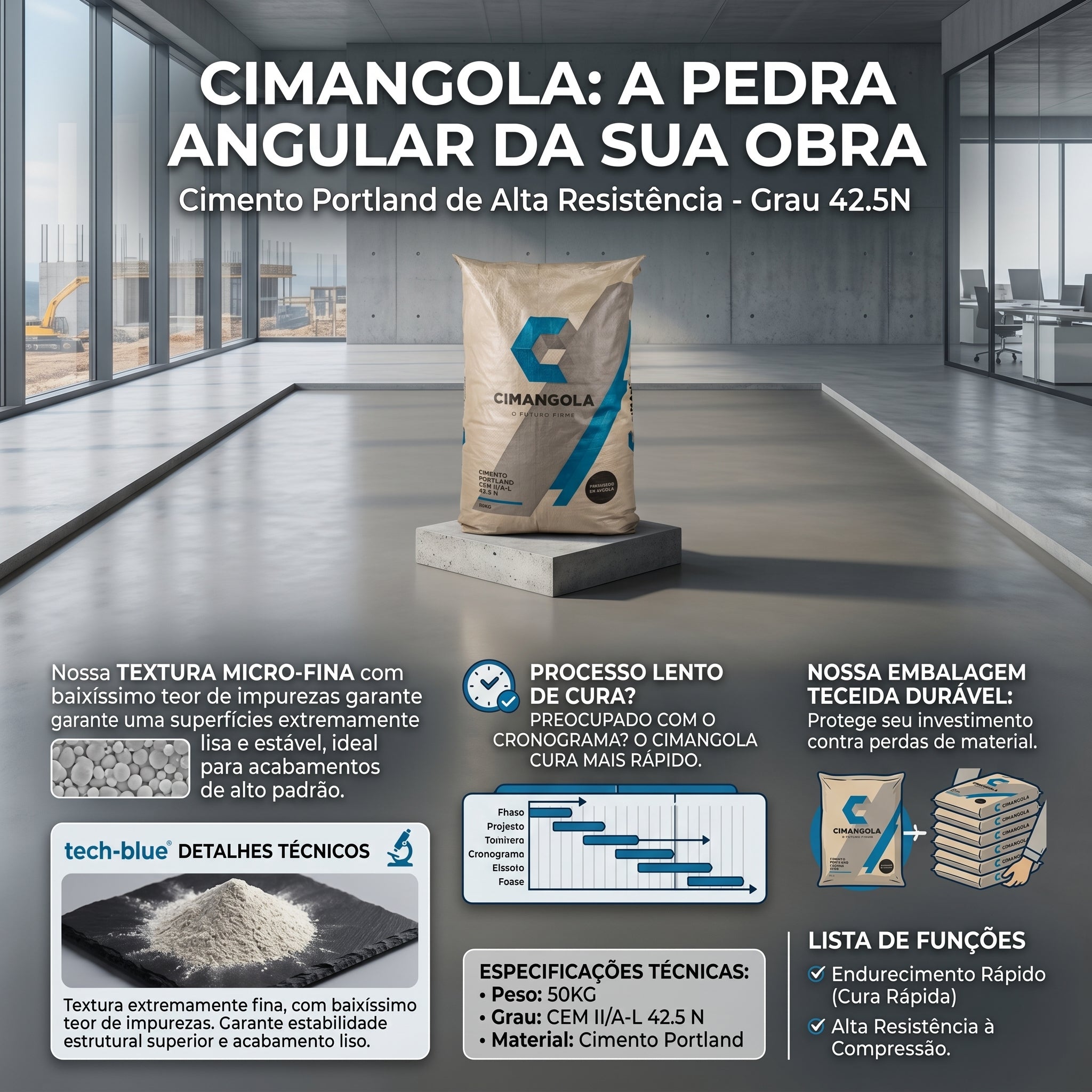 Cimento Cimangola 42.5N Portland | Alta Resistência e Endurecimento Rápido