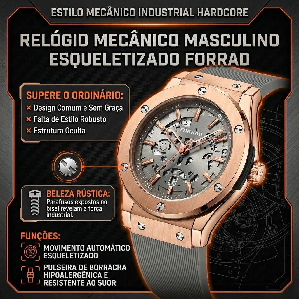 Relógio Mecânico Automático FORRAD Rosê Bisel com Parafusos Expostos Design Robusto