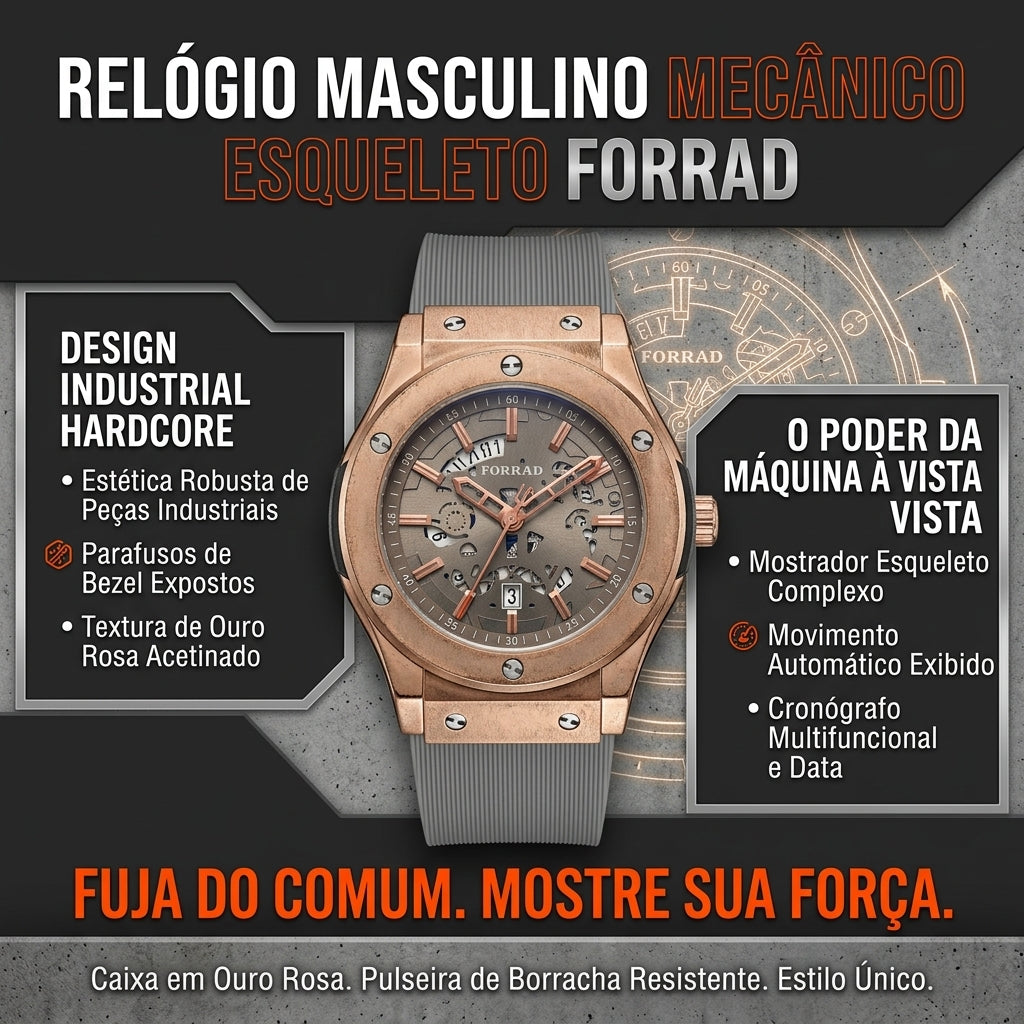 Relógio Mecânico Automático FORRAD Rosê Bisel com Parafusos Expostos Design Robusto
