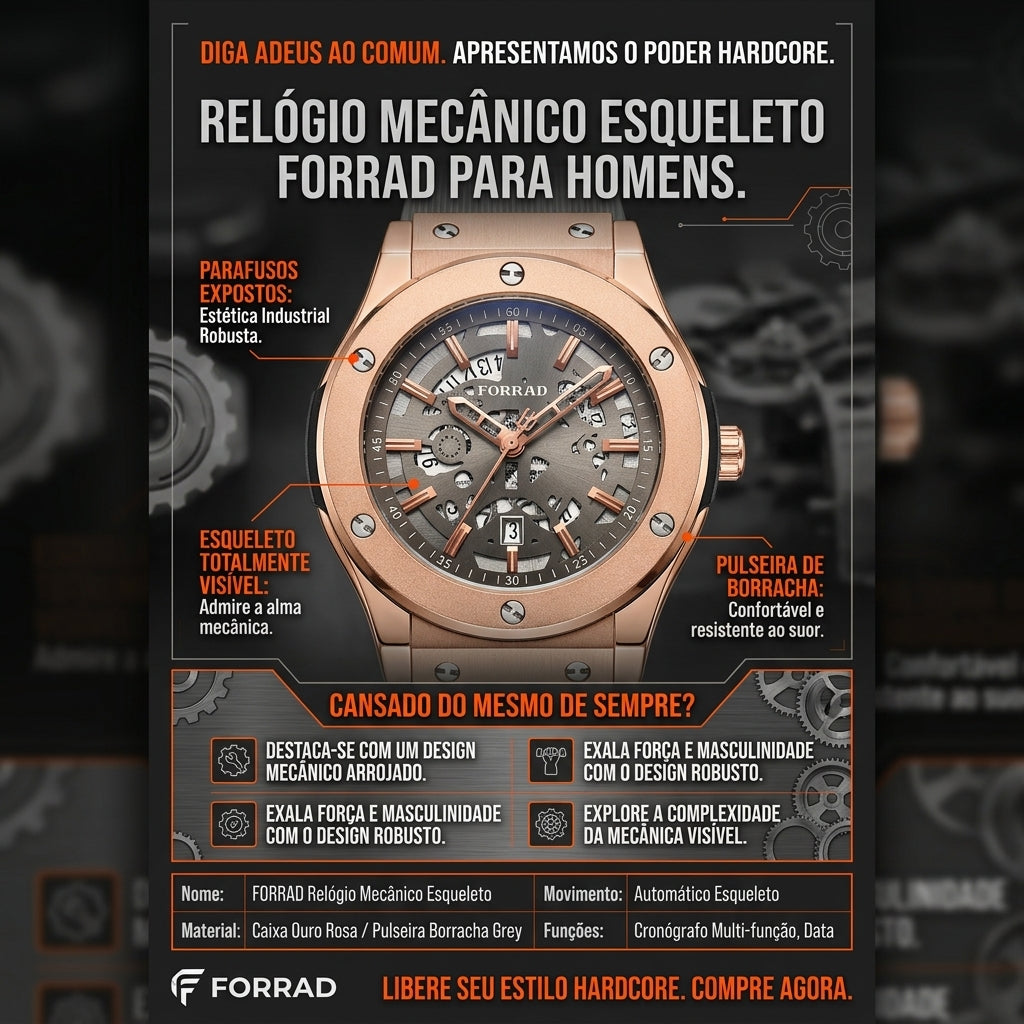 Relógio Mecânico Automático FORRAD Rosê Bisel com Parafusos Expostos Design Robusto