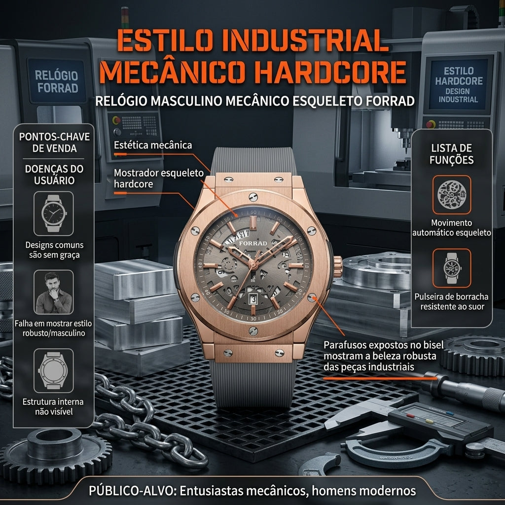 Relógio Mecânico Automático FORRAD Rosê Bisel com Parafusos Expostos Design Robusto