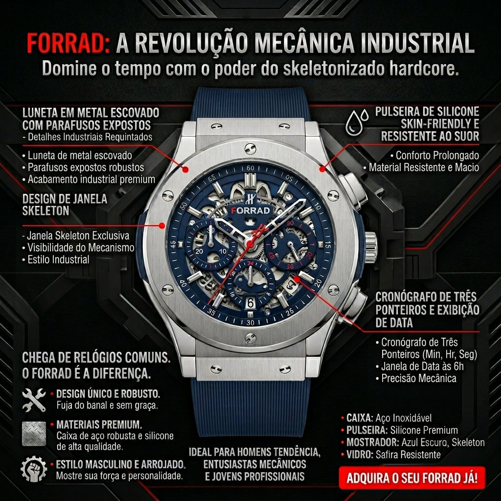 Relógio Industrial Hardcore FORRAD Cronógrafo Três Ponteiros com Exibição de Data
