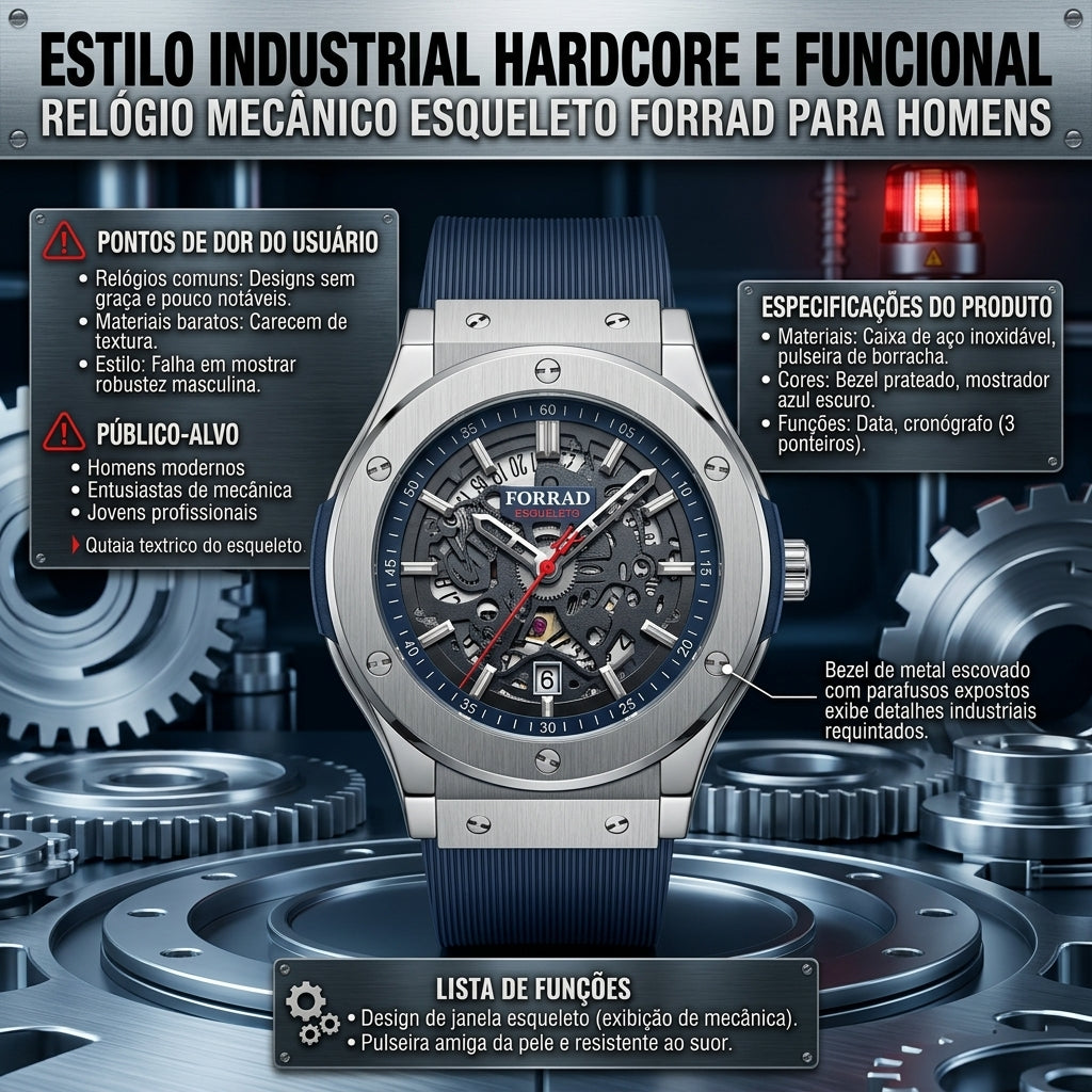 Relógio Industrial Hardcore FORRAD Cronógrafo Três Ponteiros com Exibição de Data