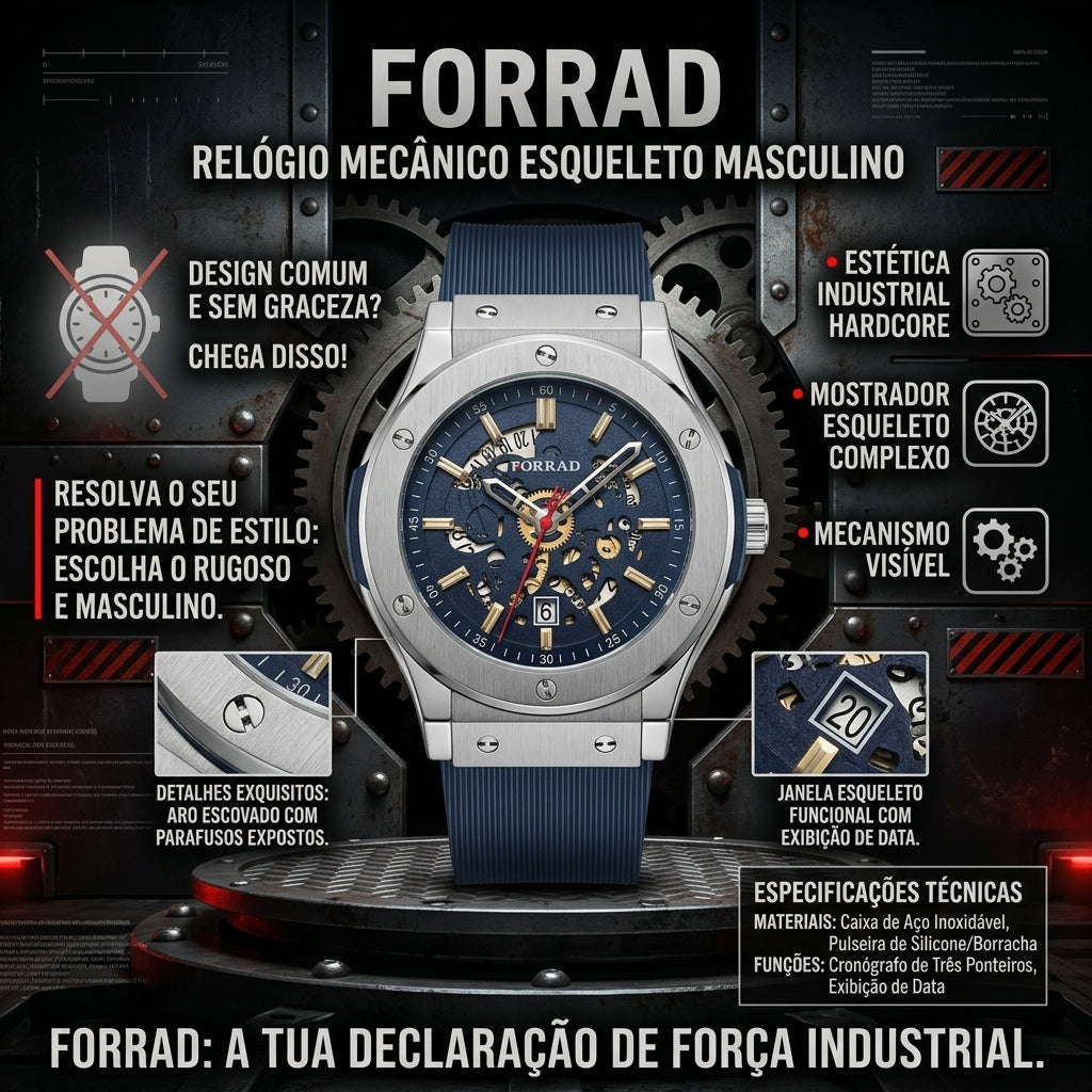 Relógio Industrial Hardcore FORRAD Cronógrafo Três Ponteiros com Exibição de Data