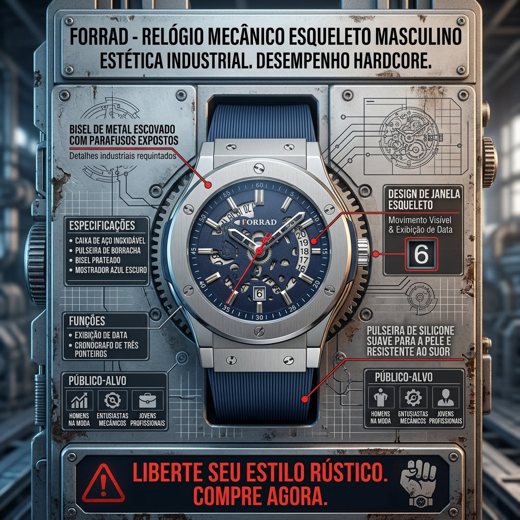 Relógio Industrial Hardcore FORRAD Cronógrafo Três Ponteiros com Exibição de Data