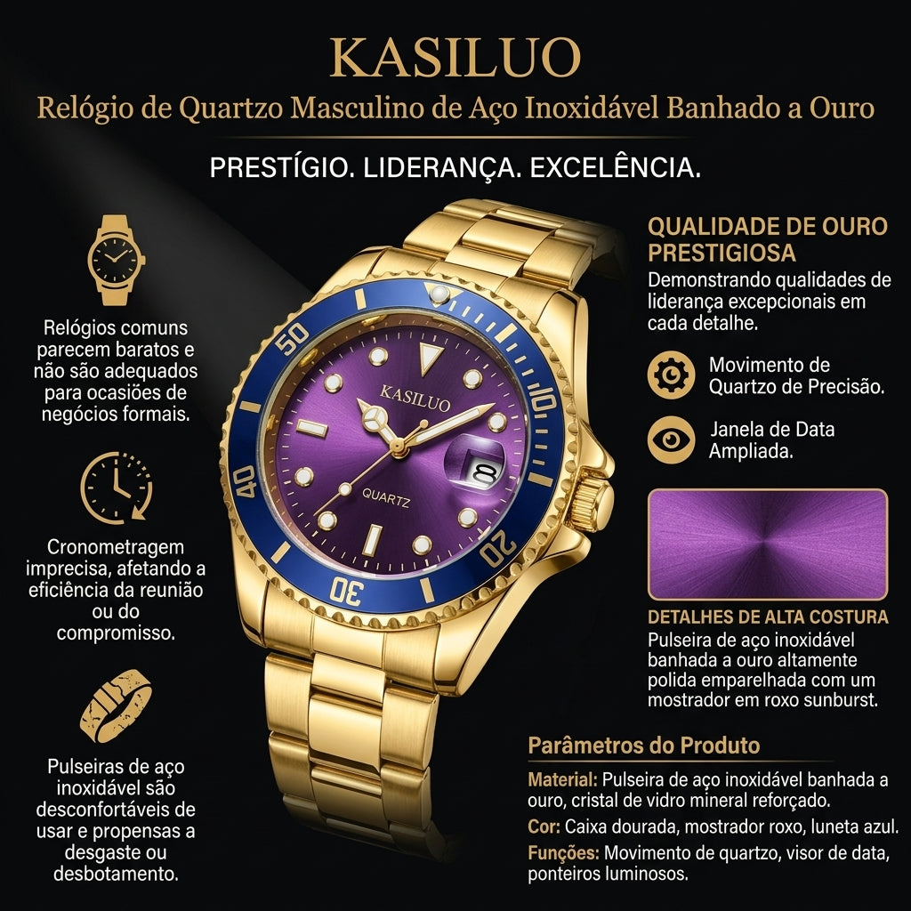 Relógio Executivo KASILUO Dourado Bisel Azul Janela de Data Ampliada Ponteiros Luminosos