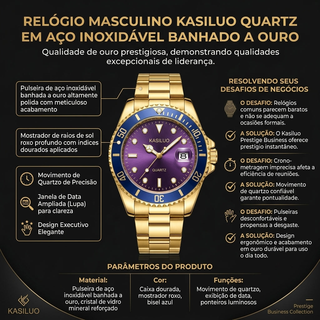Relógio Executivo KASILUO Dourado Bisel Azul Janela de Data Ampliada Ponteiros Luminosos