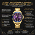Relógio Executivo KASILUO Dourado Bisel Azul Janela de Data Ampliada Ponteiros Luminosos
