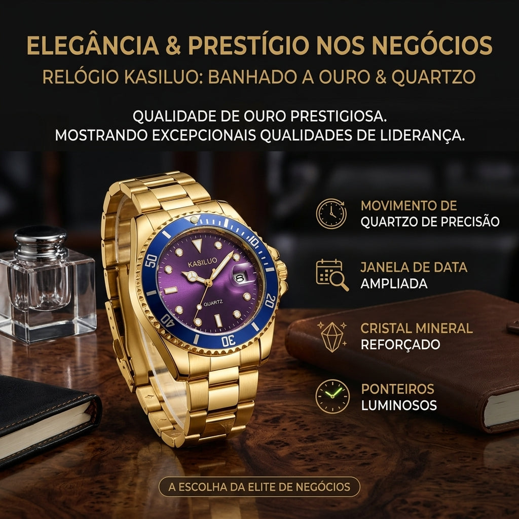 Relógio Executivo KASILUO Dourado Bisel Azul Janela de Data Ampliada Ponteiros Luminosos