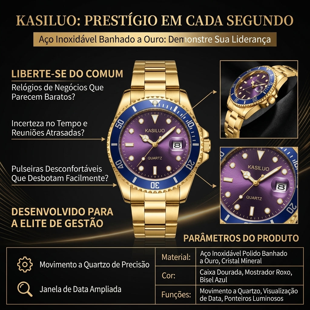 Relógio Executivo KASILUO Dourado Bisel Azul Janela de Data Ampliada Ponteiros Luminosos