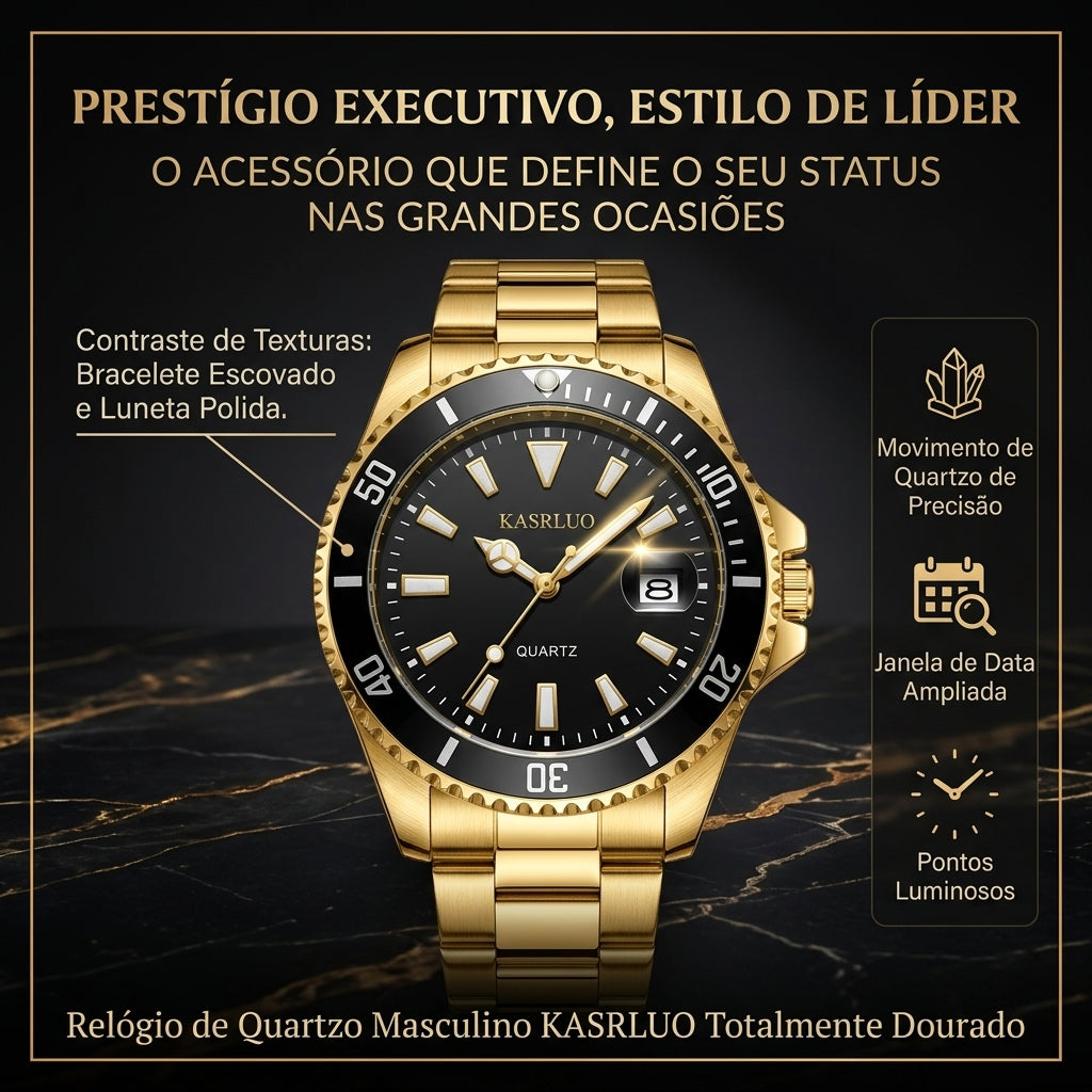 Relógio de Quartzo Masculino KASRLUO Todo Dourado Aço Inoxidável Banhado a Ouro
