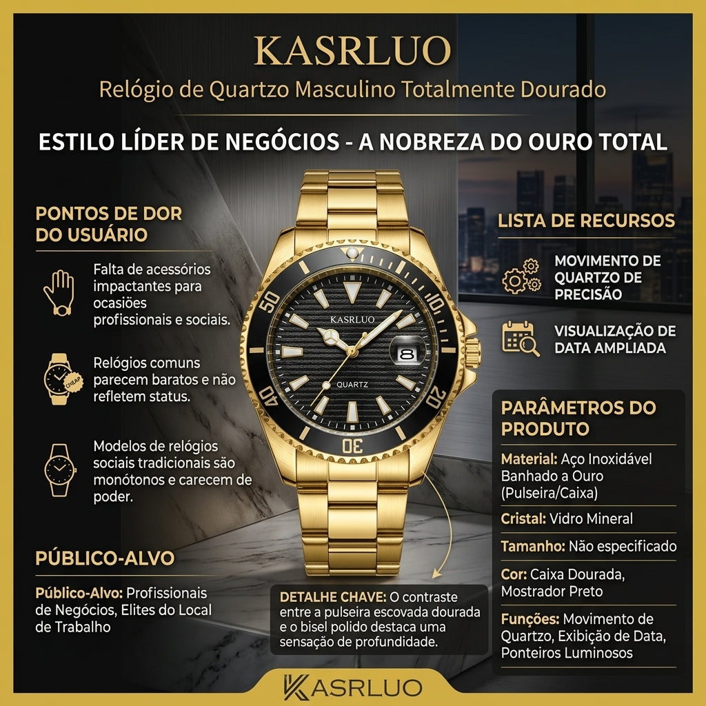 Relógio de Quartzo Masculino KASRLUO Todo Dourado Aço Inoxidável Banhado a Ouro