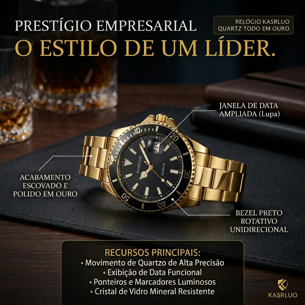 Relógio de Quartzo Masculino KASRLUO Todo Dourado Aço Inoxidável Banhado a Ouro