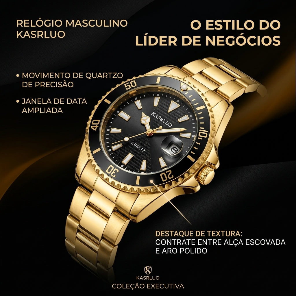 Relógio de Quartzo Masculino KASRLUO Todo Dourado Aço Inoxidável Banhado a Ouro