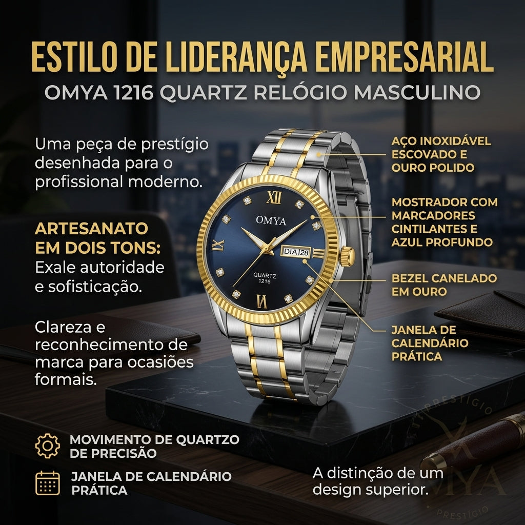 Relógio Executivo OMYA Modelo 1216 Movimento Quartzo Calendário Ponteiros Luminosos