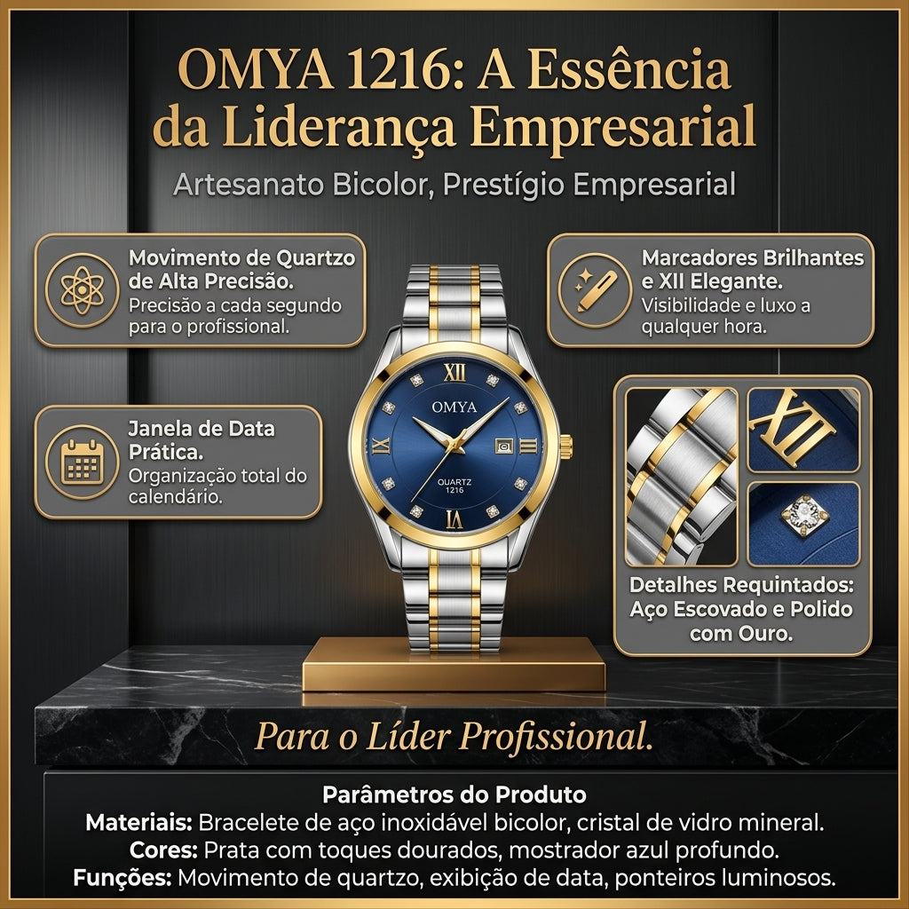 Relógio Executivo OMYA Modelo 1216 Movimento Quartzo Calendário Ponteiros Luminosos