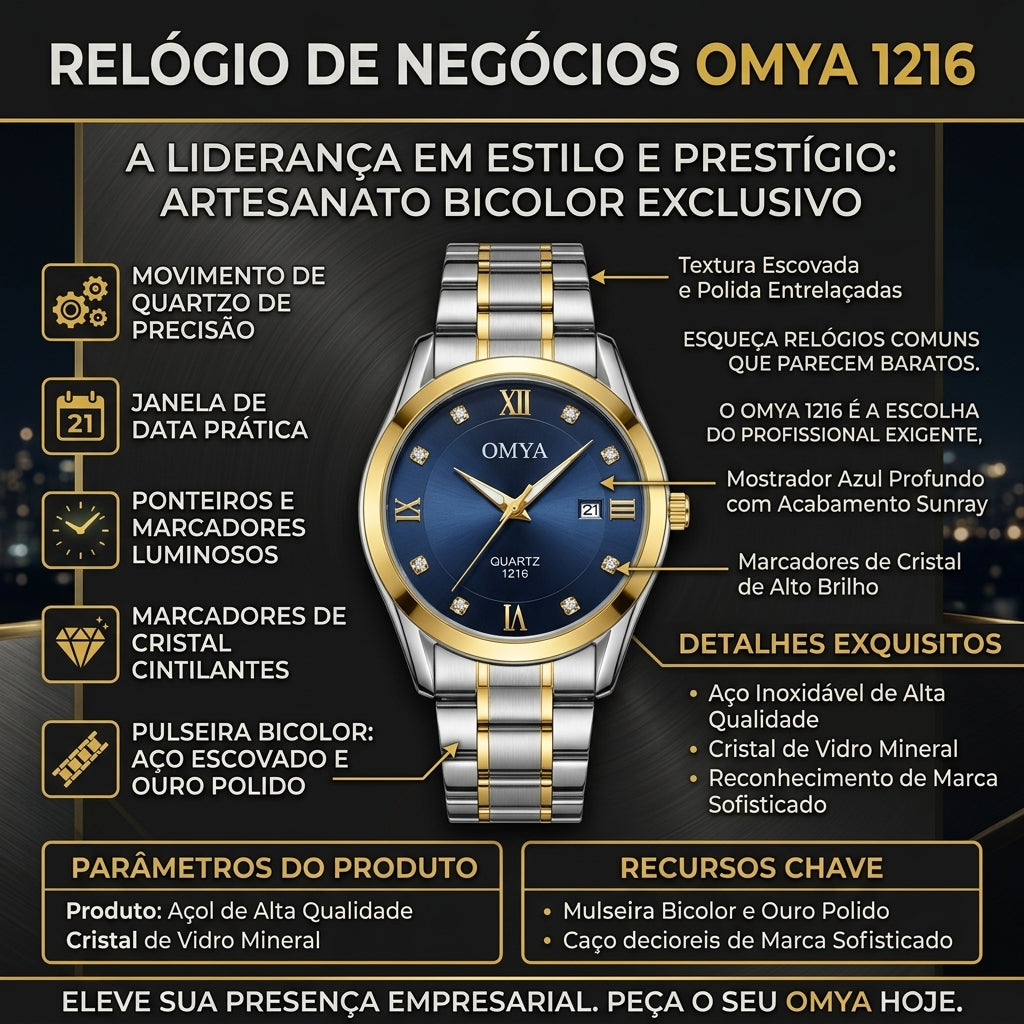 Relógio Executivo OMYA Modelo 1216 Movimento Quartzo Calendário Ponteiros Luminosos