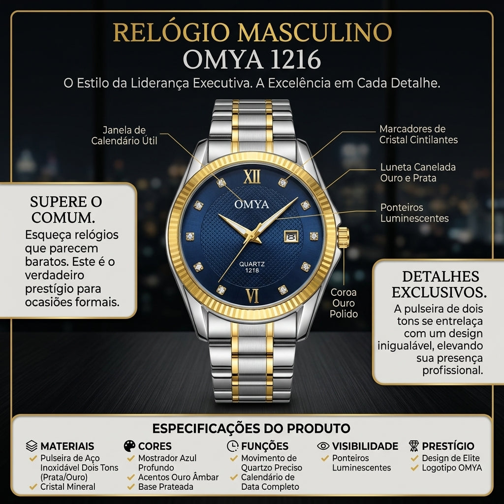 Relógio Executivo OMYA Modelo 1216 Movimento Quartzo Calendário Ponteiros Luminosos