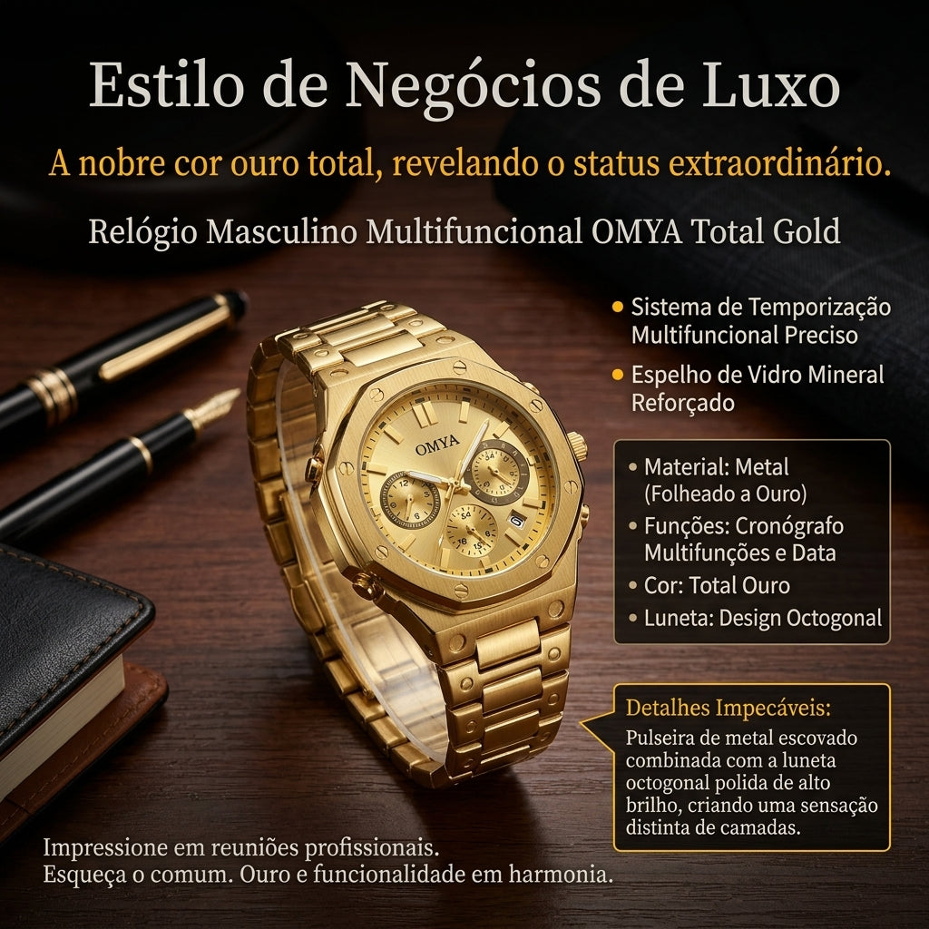 Relógio Masculino OMYA Todo Dourado Octogonal Cronógrafo Multifuncional de Metal