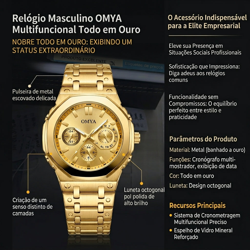Relógio Masculino OMYA Todo Dourado Octogonal Cronógrafo Multifuncional de Metal