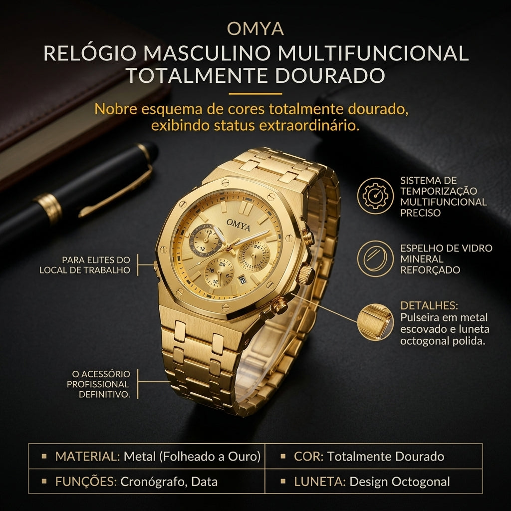 Relógio Masculino OMYA Todo Dourado Octogonal Cronógrafo Multifuncional de Metal