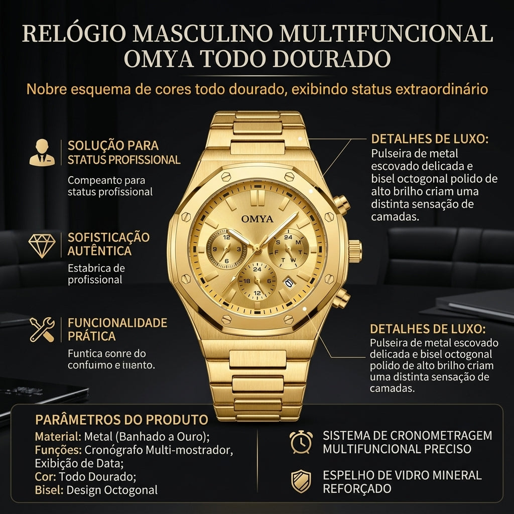 Relógio Masculino OMYA Todo Dourado Octogonal Cronógrafo Multifuncional de Metal