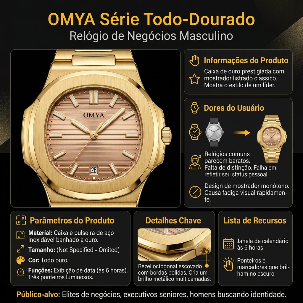 Relógio de Negócios Masculino OMYA Série Todo-Dourado Aço Inoxidável Banhado a Ouro