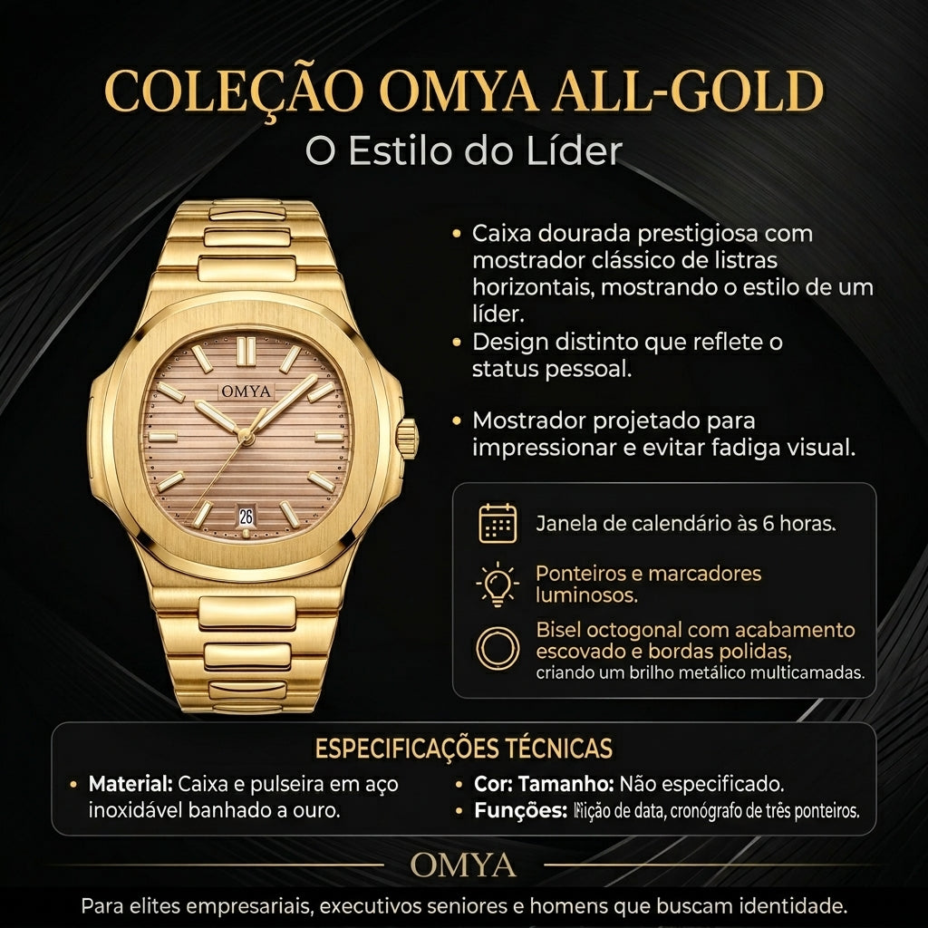 Relógio de Negócios Masculino OMYA Série Todo-Dourado Aço Inoxidável Banhado a Ouro