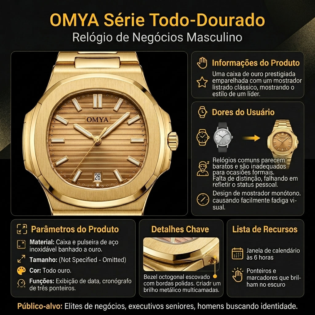 Relógio de Negócios Masculino OMYA Série Todo-Dourado Aço Inoxidável Banhado a Ouro