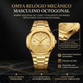 Relógio Mecânico Automático OMYA Masculino Todo Dourado Bisel Octogonal