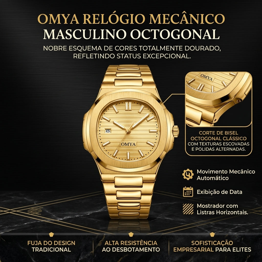 Relógio Mecânico Automático OMYA Masculino Todo Dourado Bisel Octogonal