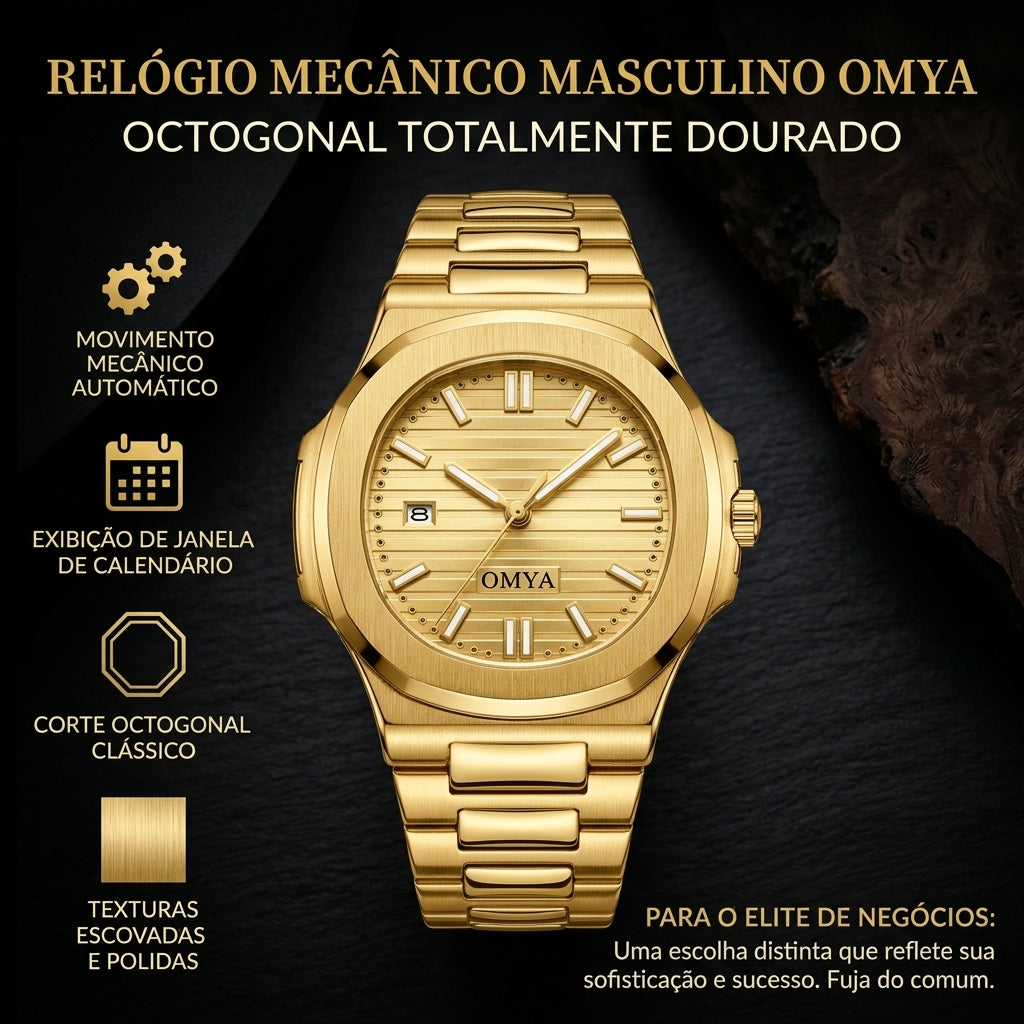 Relógio Mecânico Automático OMYA Masculino Todo Dourado Bisel Octogonal