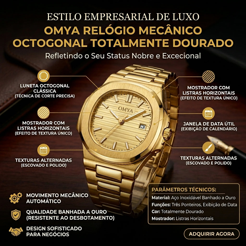 Relógio Mecânico Automático OMYA Masculino Todo Dourado Bisel Octogonal