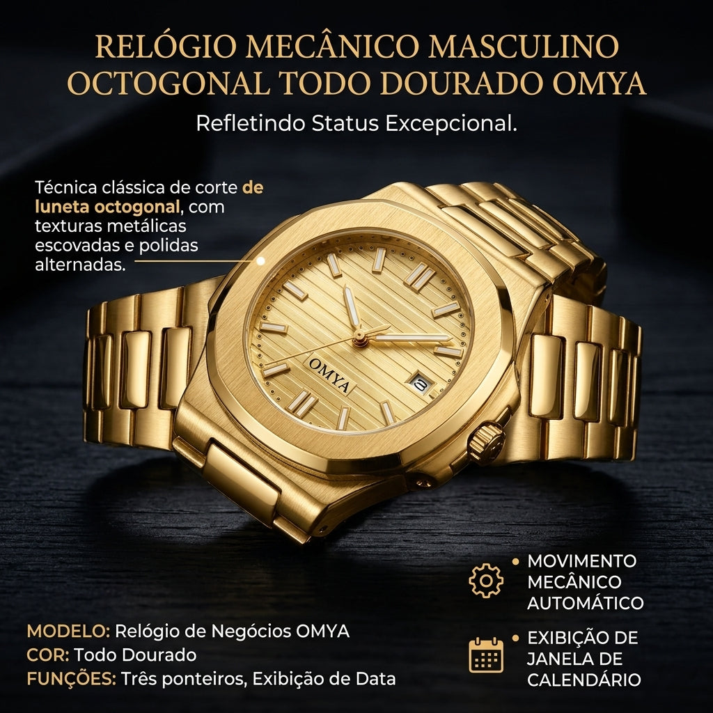 Relógio Mecânico Automático OMYA Masculino Todo Dourado Bisel Octogonal