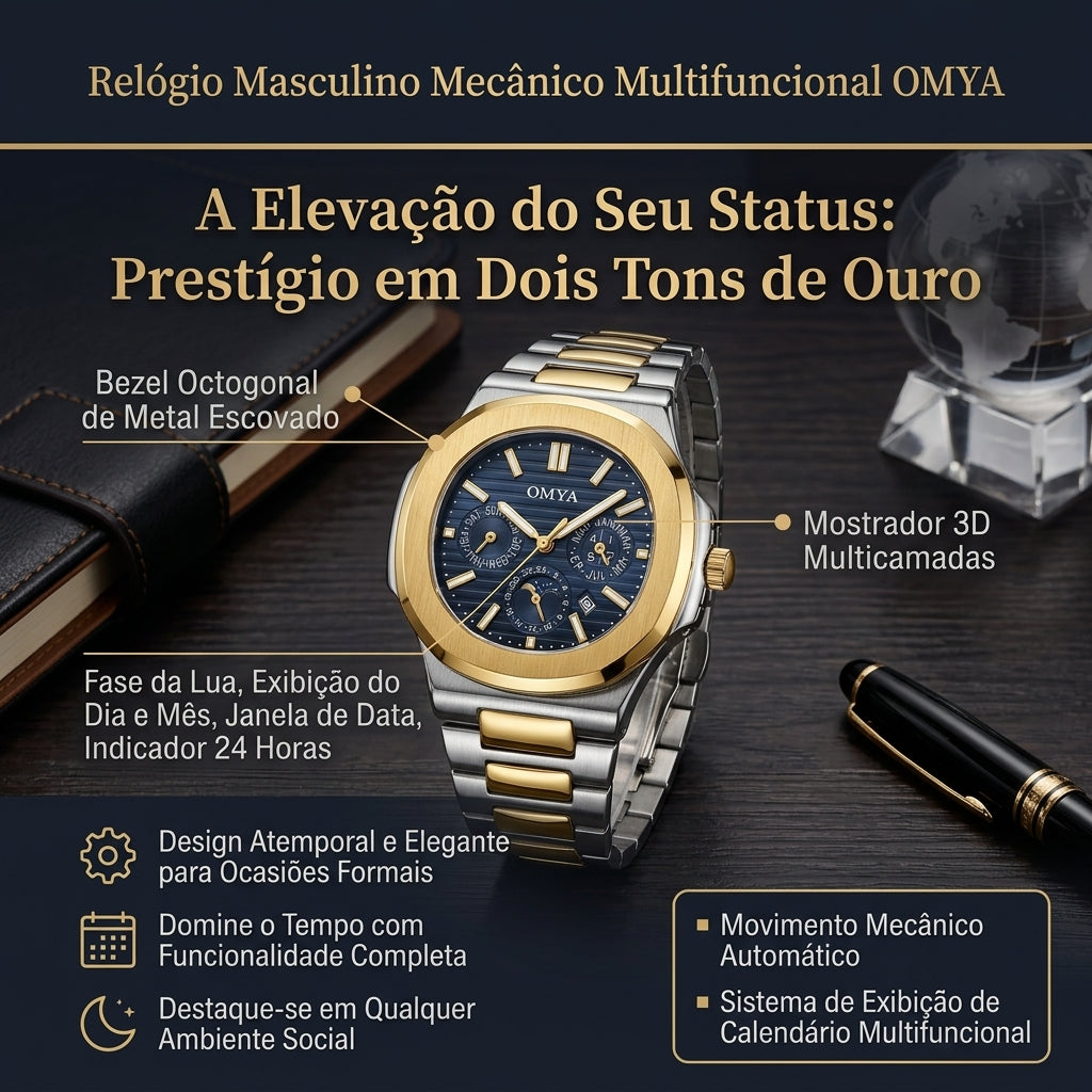 Relógio Automático OMYA Dois Tons Ouro e Prata Calendário Multifuncional Fase da Lua