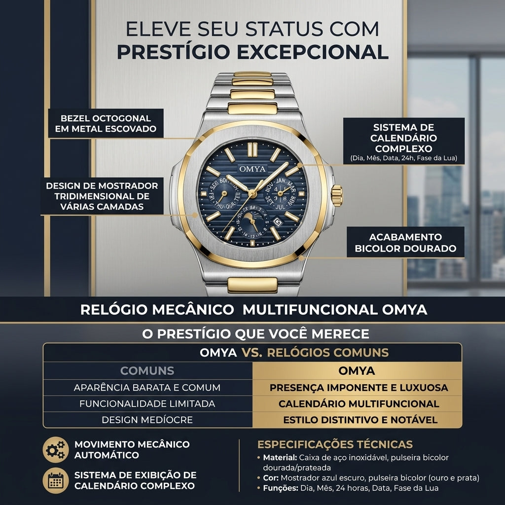 Relógio Automático OMYA Dois Tons Ouro e Prata Calendário Multifuncional Fase da Lua