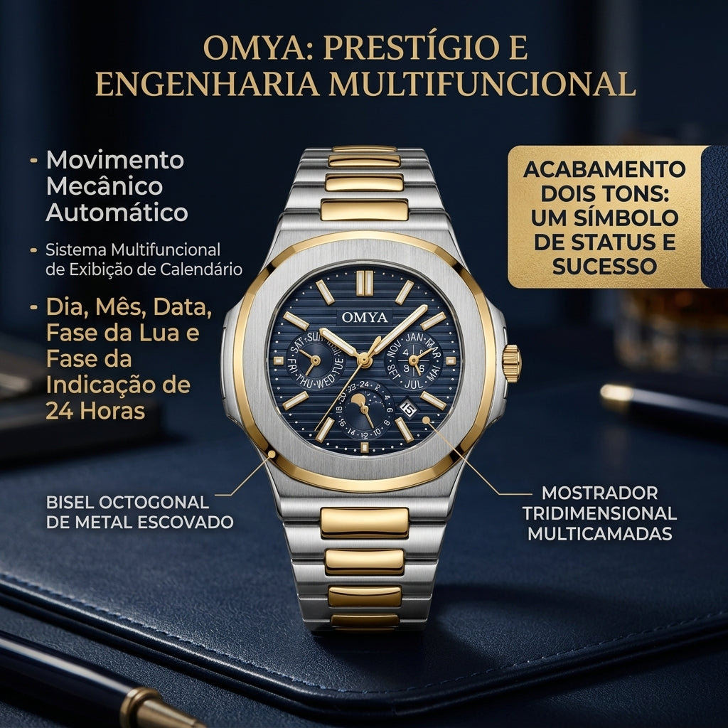 Relógio Automático OMYA Dois Tons Ouro e Prata Calendário Multifuncional Fase da Lua