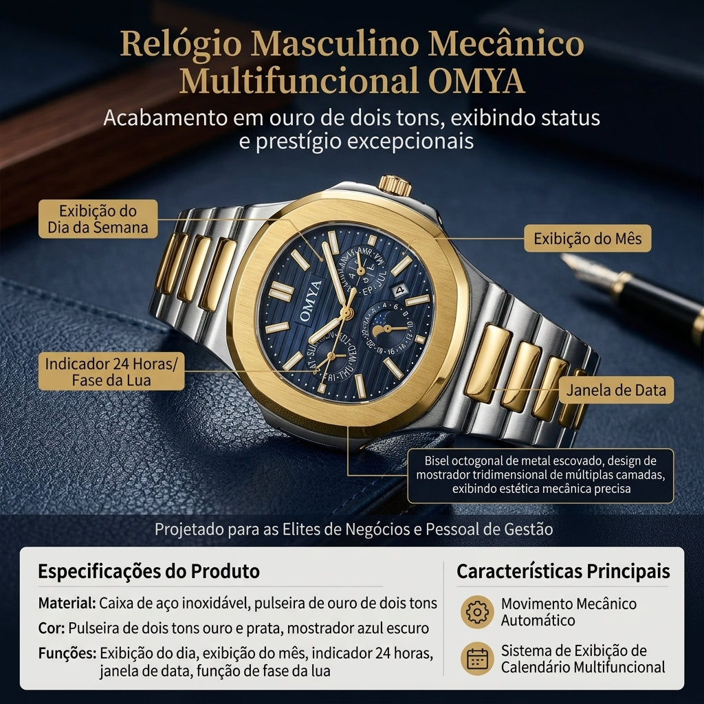 Relógio Automático OMYA Dois Tons Ouro e Prata Calendário Multifuncional Fase da Lua
